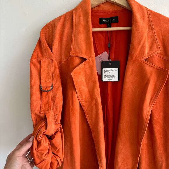 ST. JOHN Silken Suede Slouchy Strap Sleeve Jacket Soft Sienna Orange NWT - Picture 7 of 14